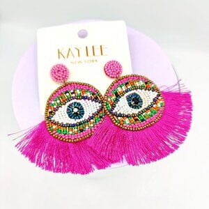 KAYLEE Large Statement Seed bead EYE Fringe Pierced Dangle Fashion Earrings INDI